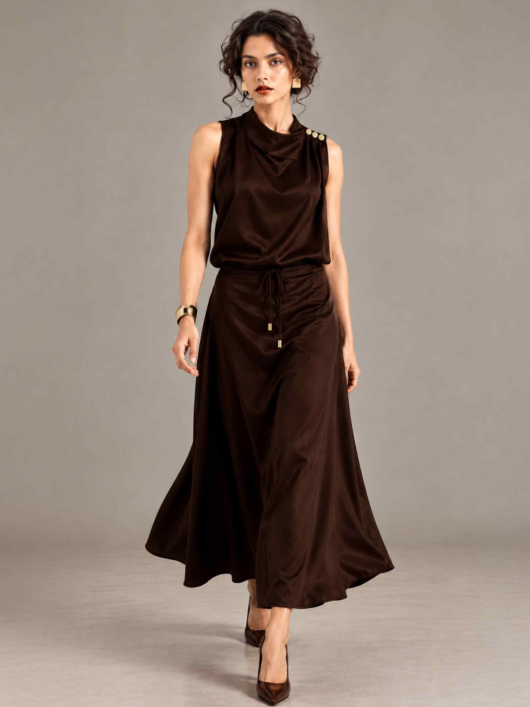 Folded Collar Satin Top - Coffee