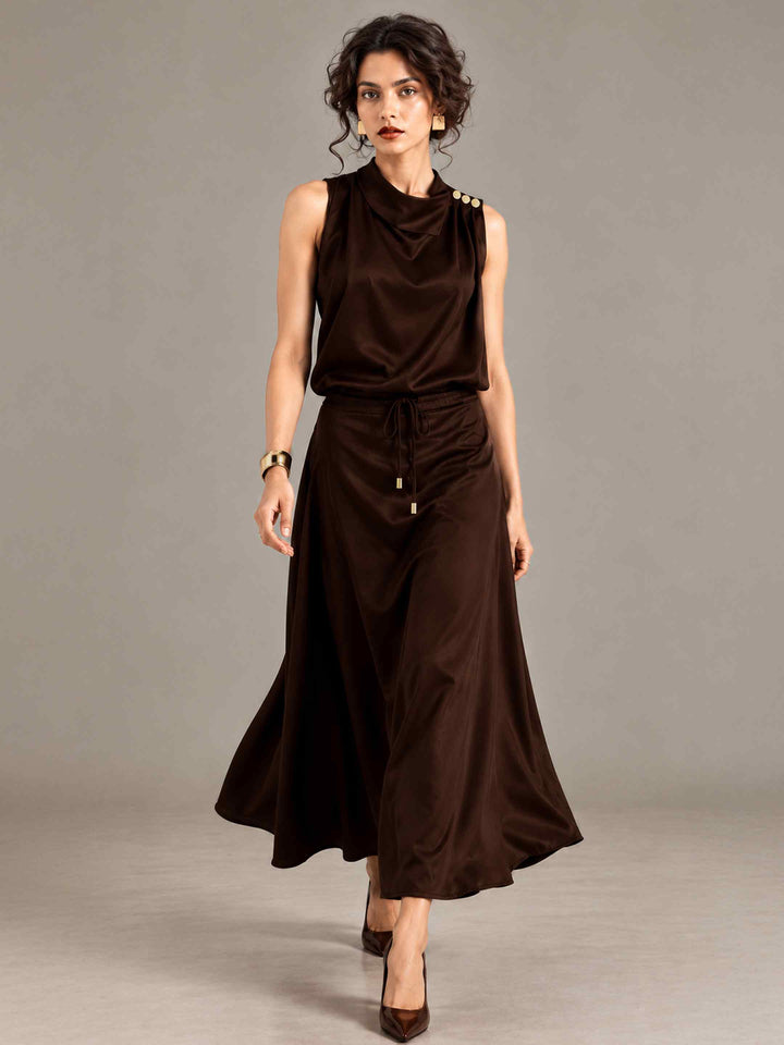 Folded Collar Satin Top - Coffee