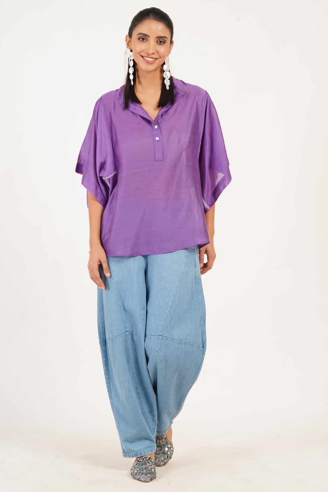 Elegant Purple Cotton Silk Smocked Top - Boxy Fit