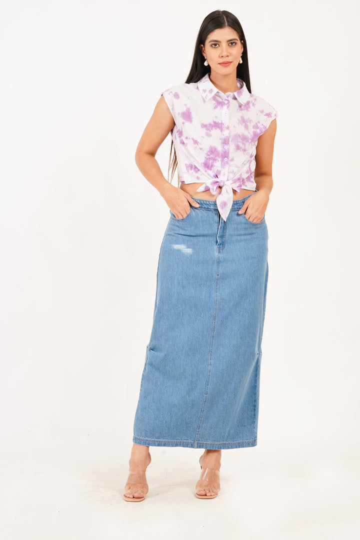Ankle Length Blue Denim Skirt - Ruched Sides & Back Slit