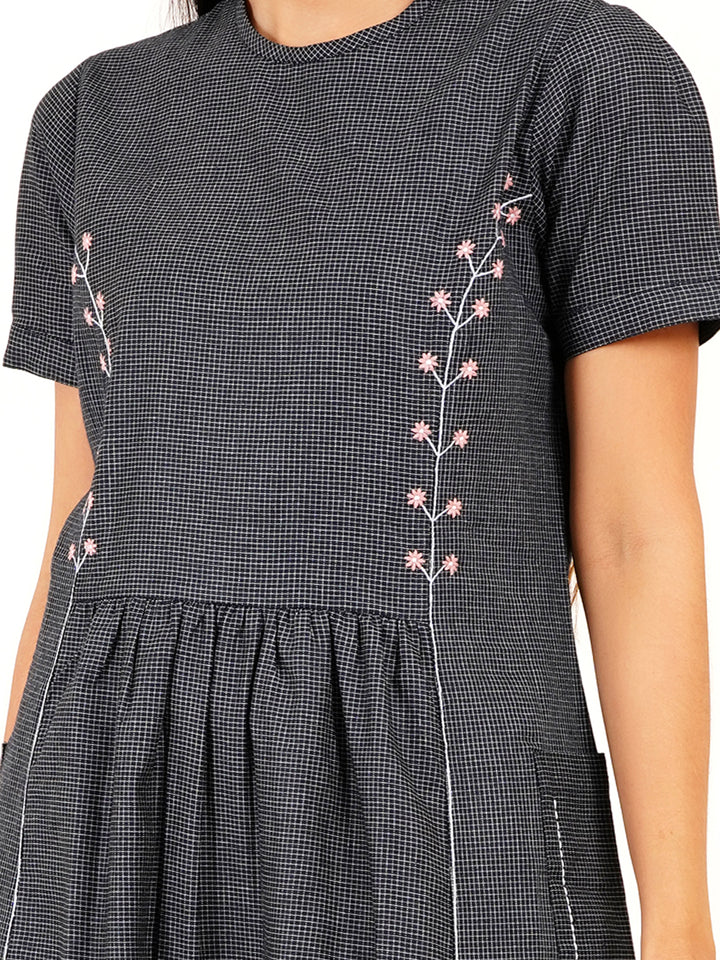 Soft Self-Check Denim Dress With Embroidered Seams