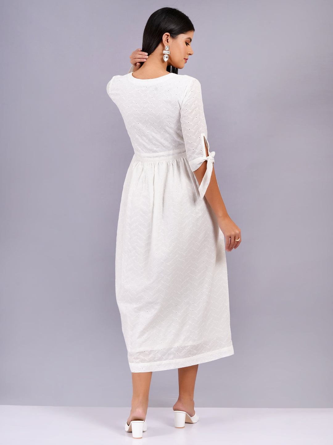 Elegant All-Over Embroidered White Schiffli Midi Dress
