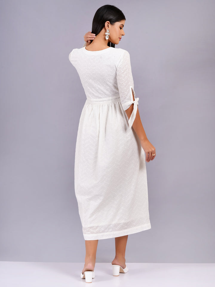 Elegant All-Over Embroidered White Schiffli Midi Dress