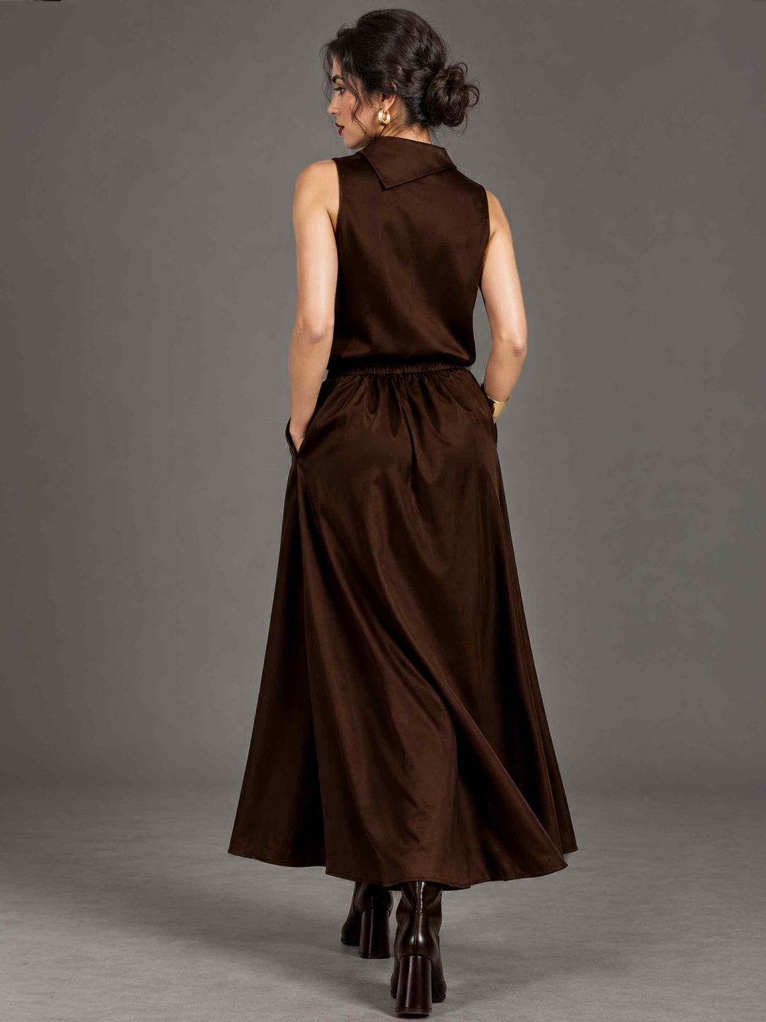 Folded Collar Satin Top - Coffee