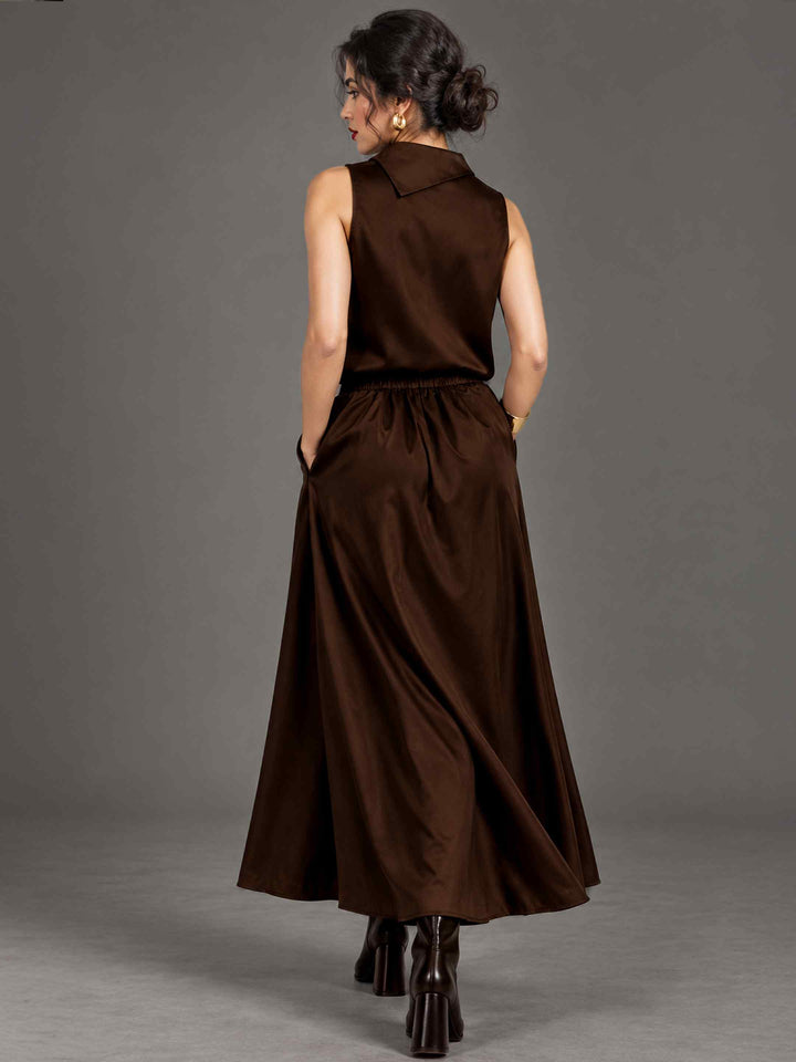 Folded Collar Satin Top - Coffee