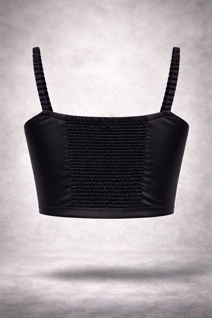 Satin Smocked Crop Top - Black