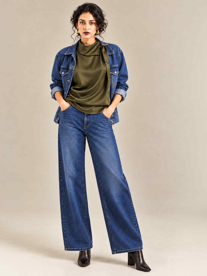 Folded Collar Satin Top - Olive