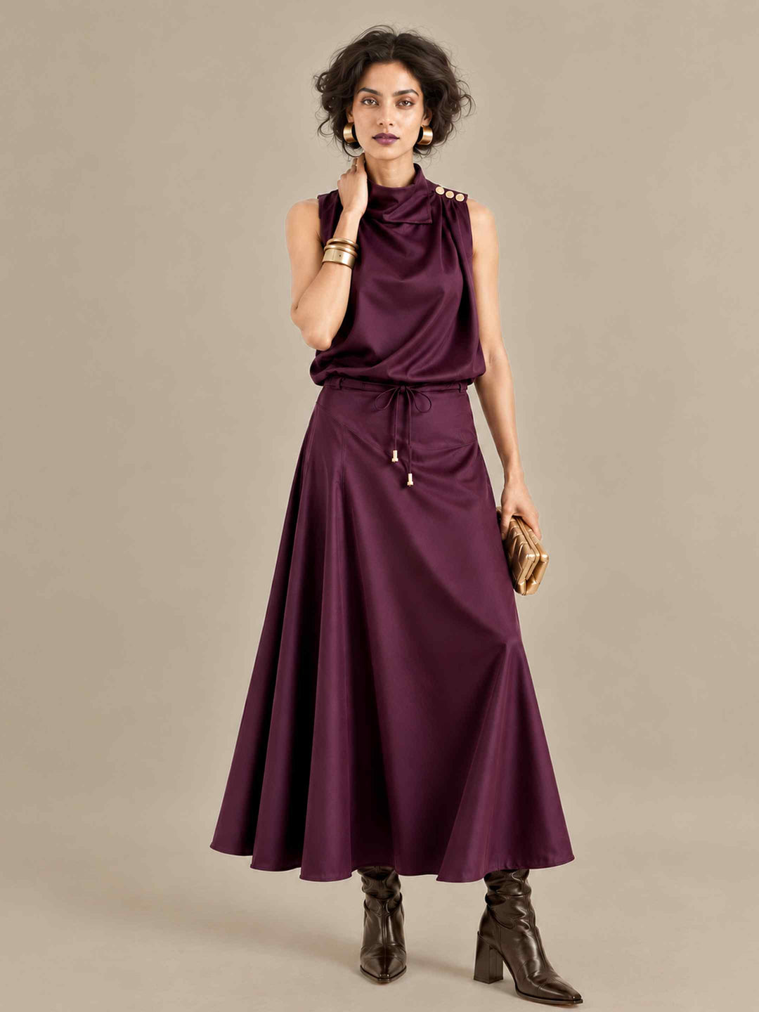 Folded Collar Satin Top - Wine