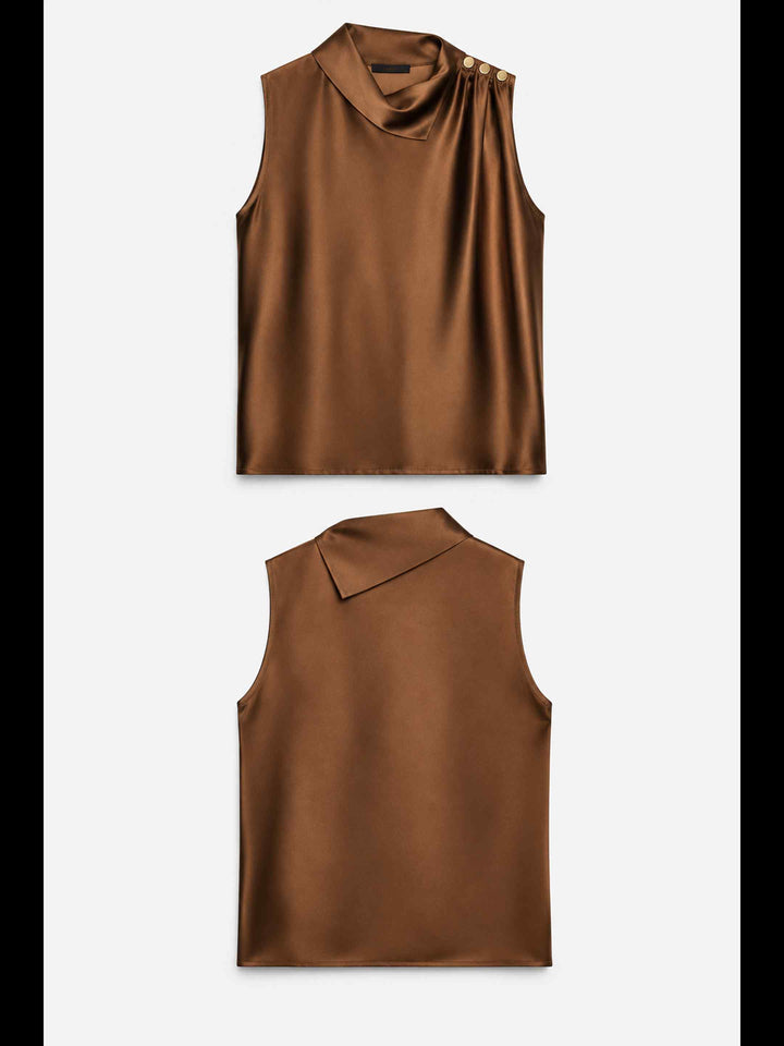 Folded Collar Satin Top - Caramel