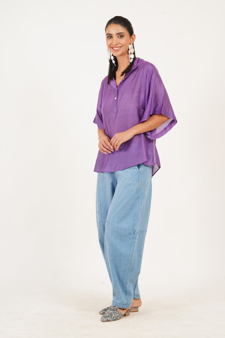 Elegant Purple Cotton Silk Smocked Top - Boxy Fit