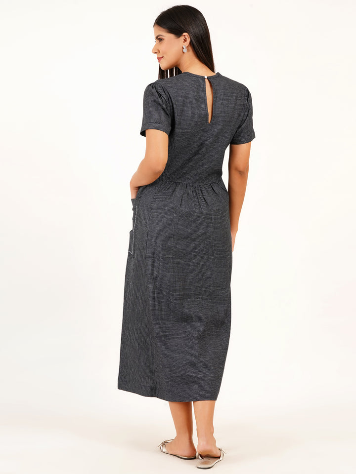Soft Self-Check Denim Dress With Embroidered Seams