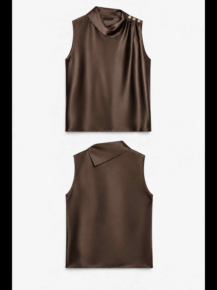 Folded Collar Satin Top - Coffee