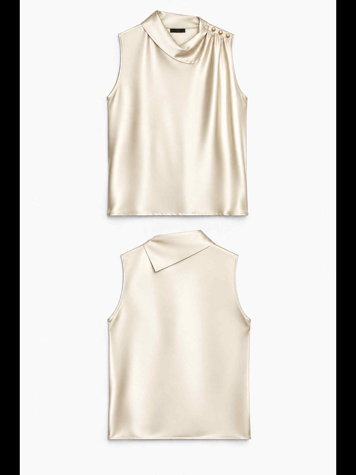 Folded Collar Satin Top - Ivory
