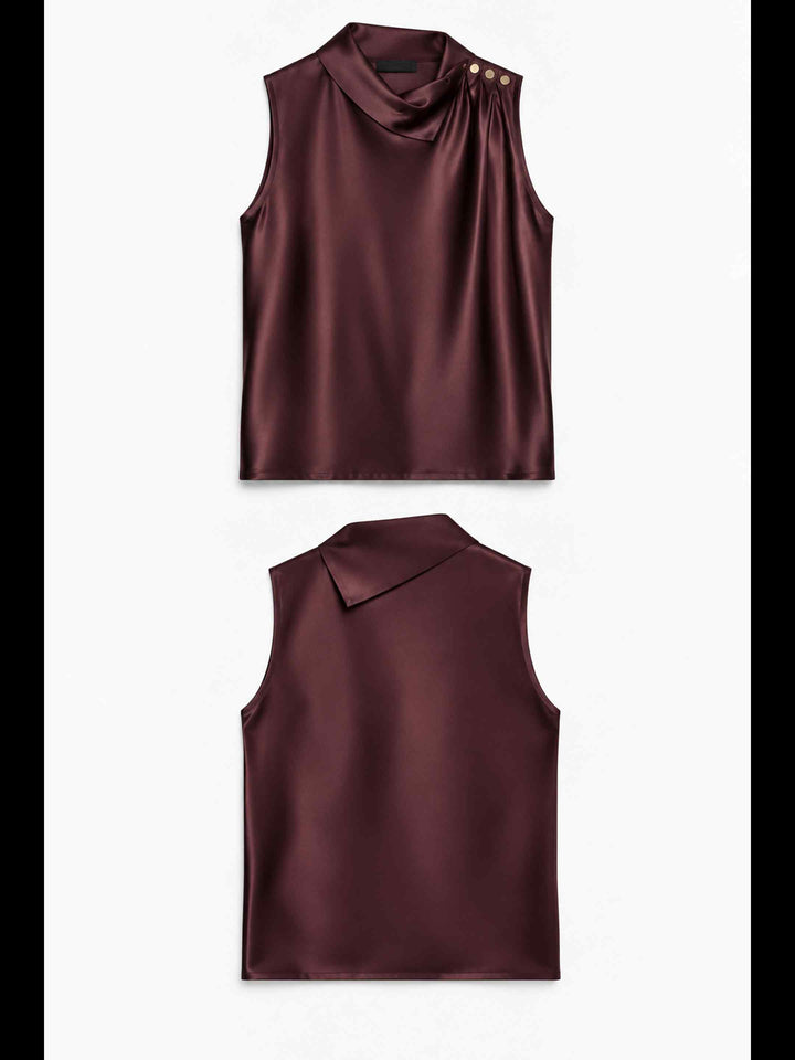 Folded Collar Satin Top - Wine