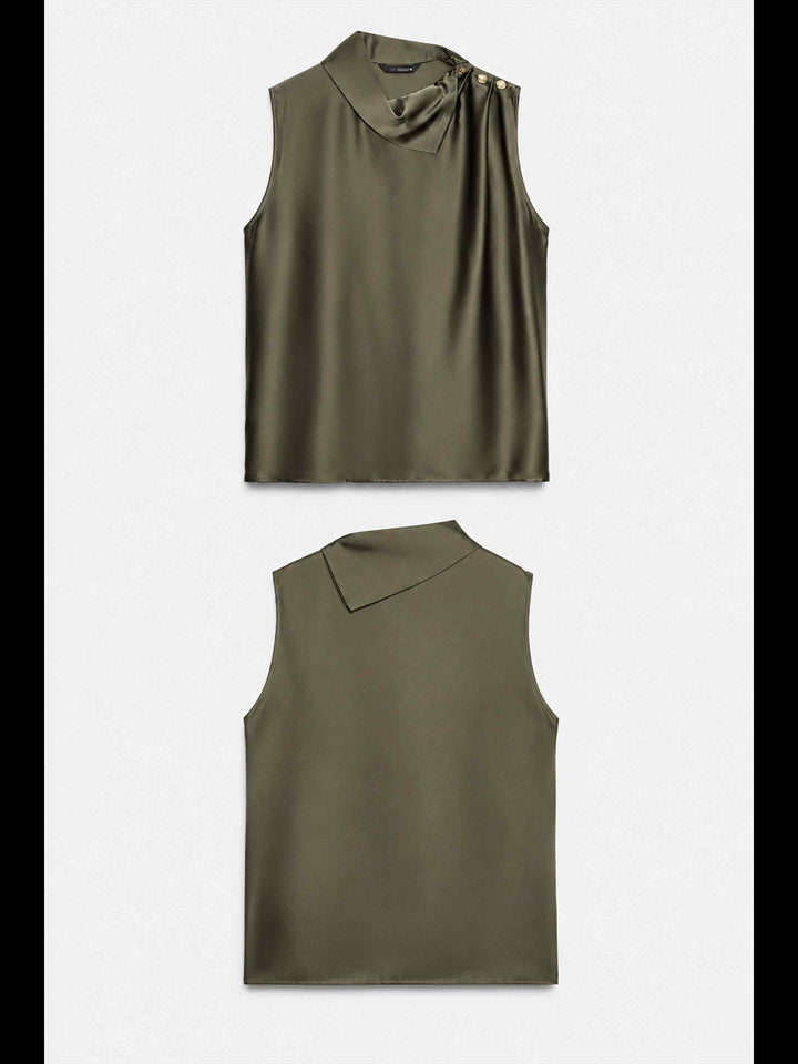 Folded Collar Satin Top - Olive
