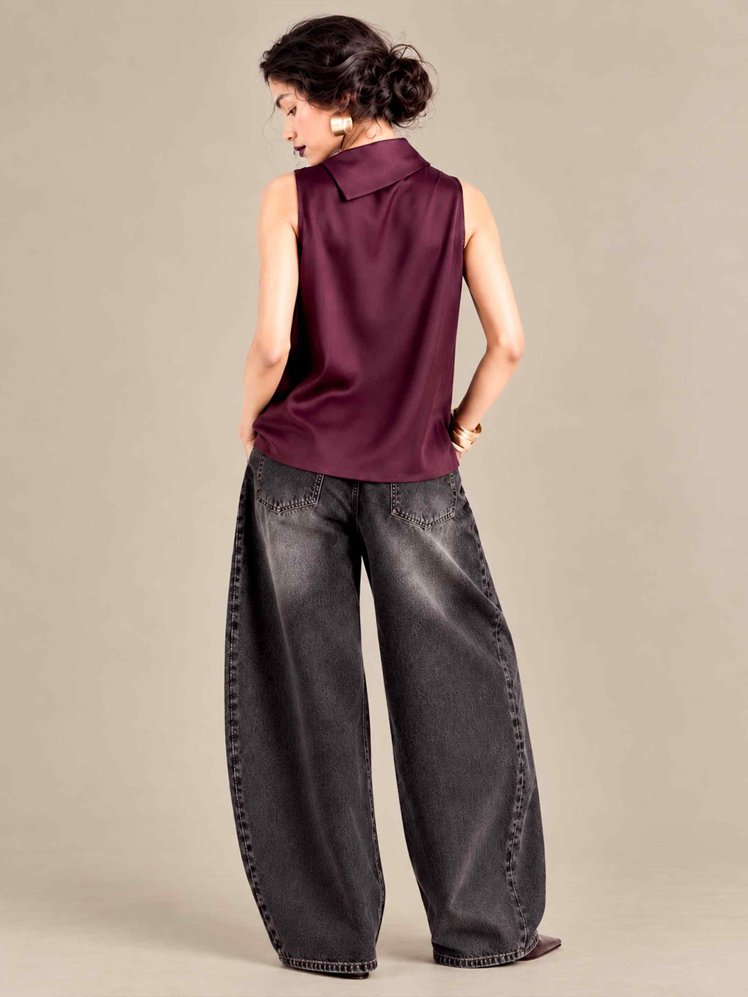 Folded Collar Satin Top - Wine