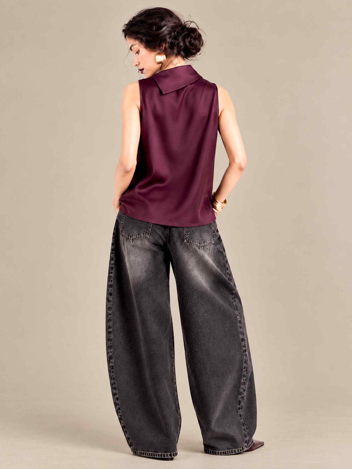 Folded Collar Satin Top - Wine
