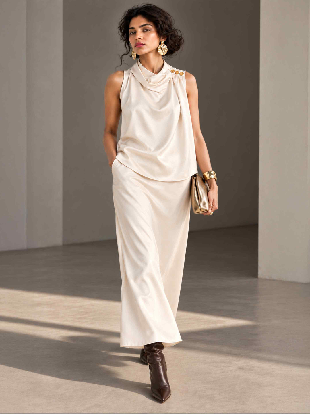 Folded Collar Satin Top - Ivory