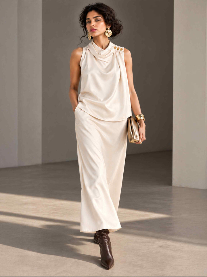 Folded Collar Satin Top - Ivory