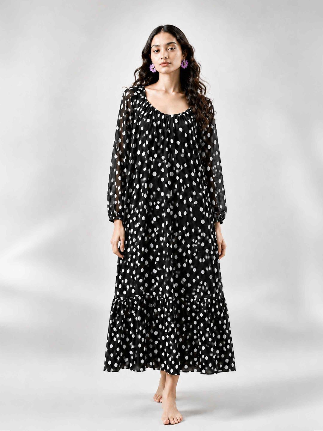 Boho Spirit Sleeved Dress - Black Polka