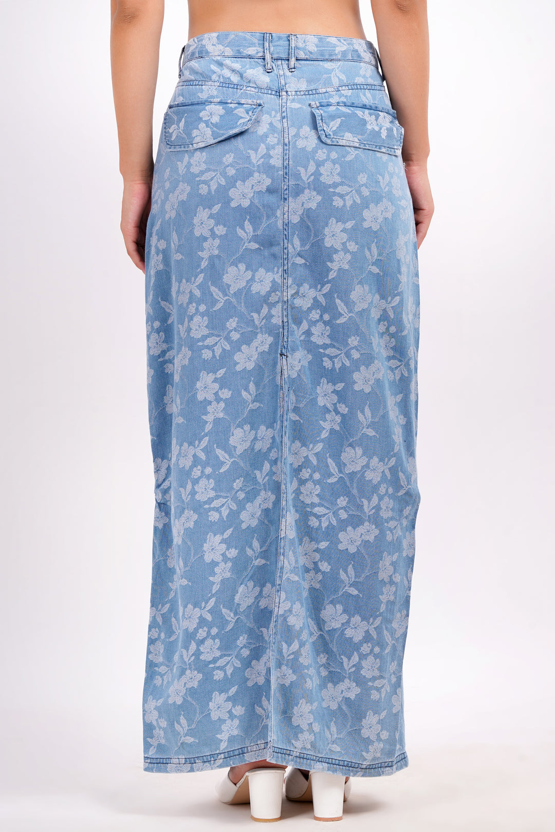 Long Denim Skirt with back slit | Ice Blue| Available in plus Sizes| pamawomen.com