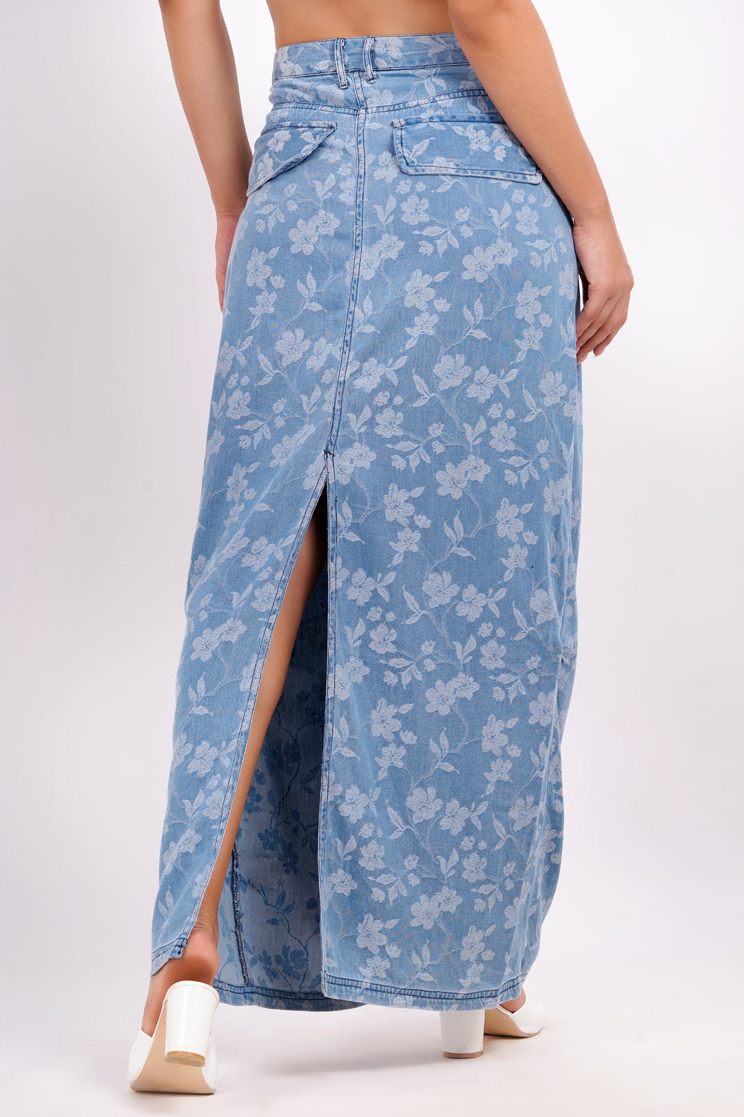 Long Denim Skirt with back slit | Ice Blue| Available in plus Sizes| pamawomen.com