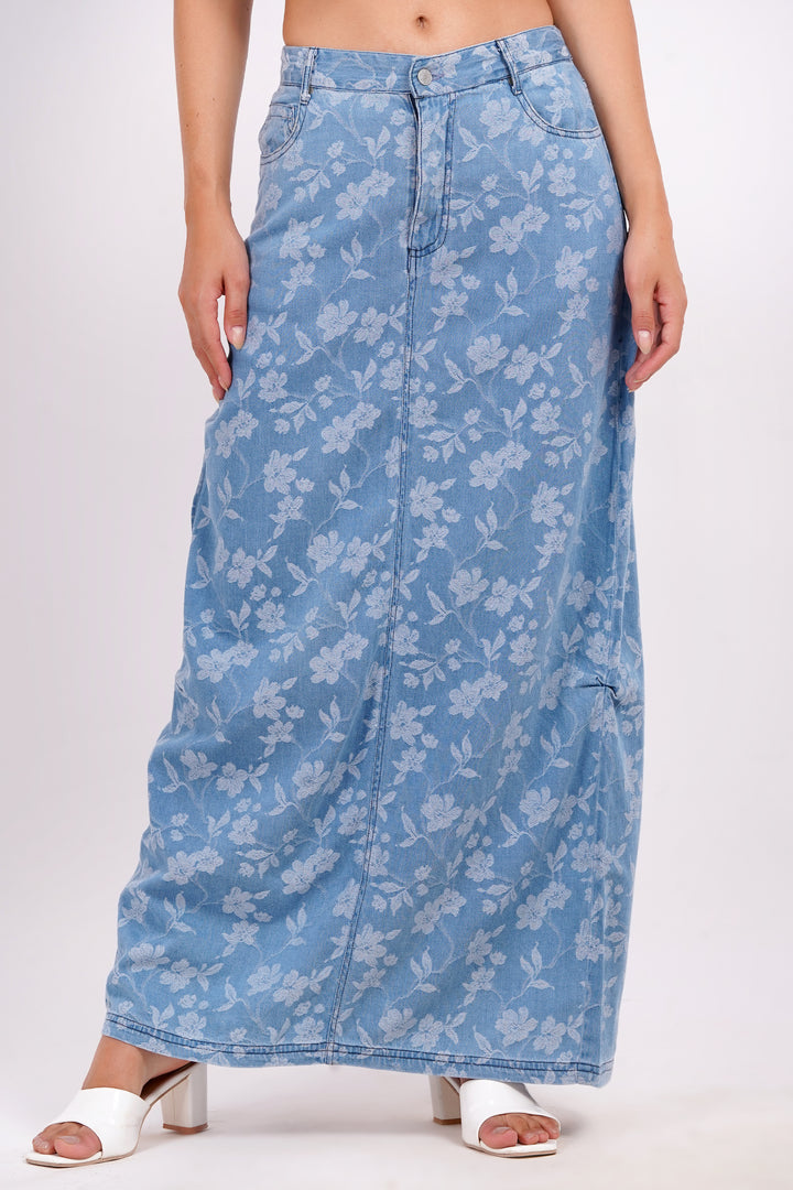 Long Denim Skirt with back slit | Ice Blue| Available in plus Sizes| pamawomen.com