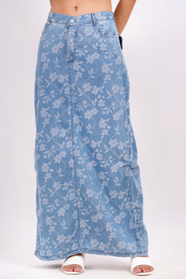 Long Denim Skirt with back slit | Ice Blue| Available in plus Sizes| pamawomen.com