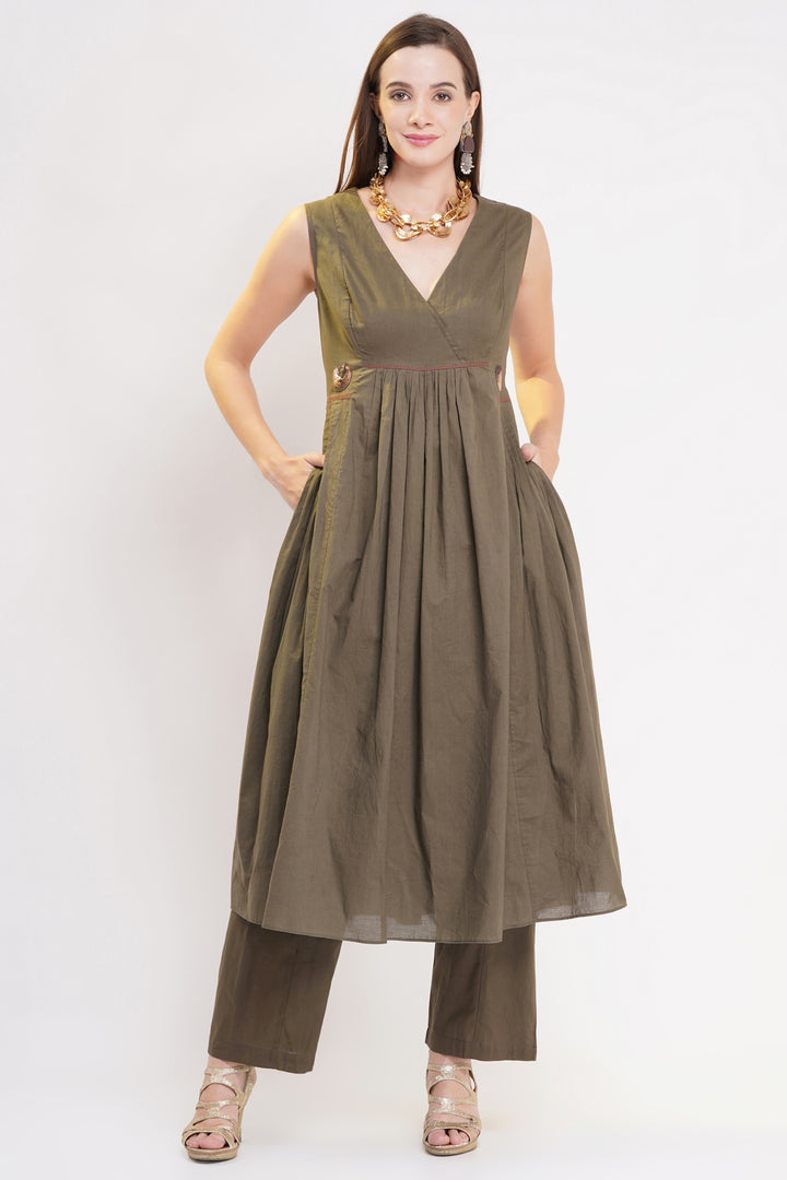 Khaki Olive Cotton Silk Kurta Set