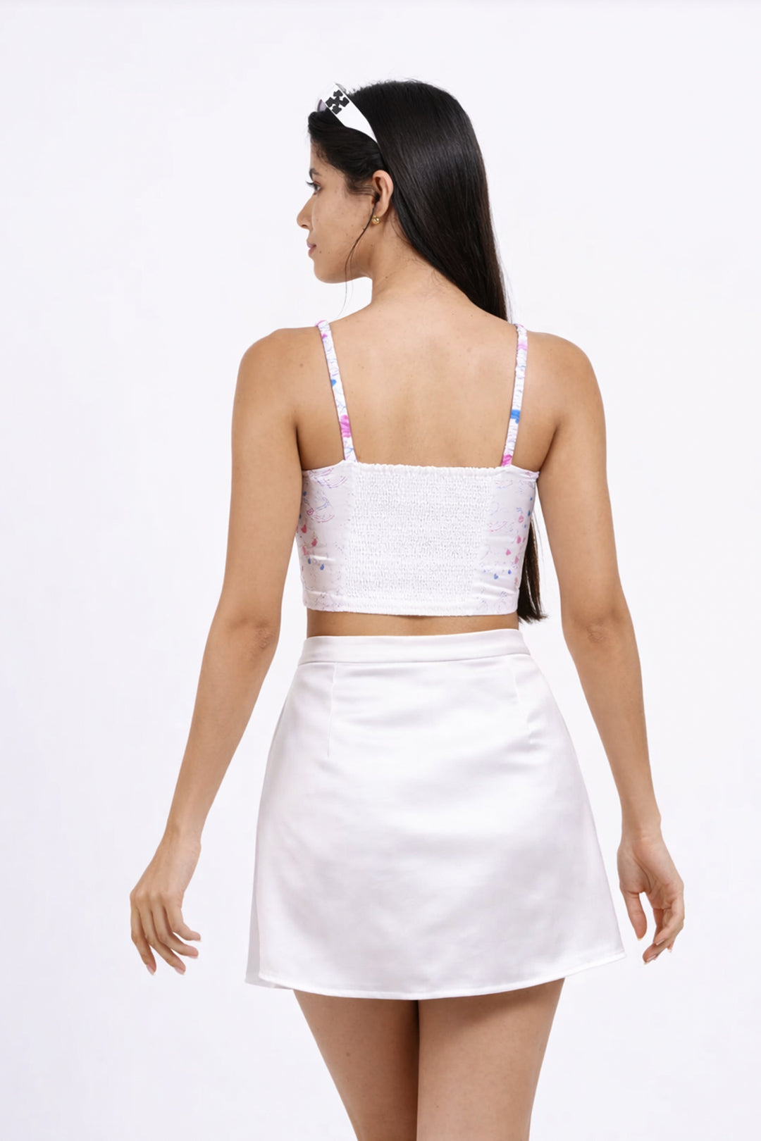 Satin Smocked Crop Top - White