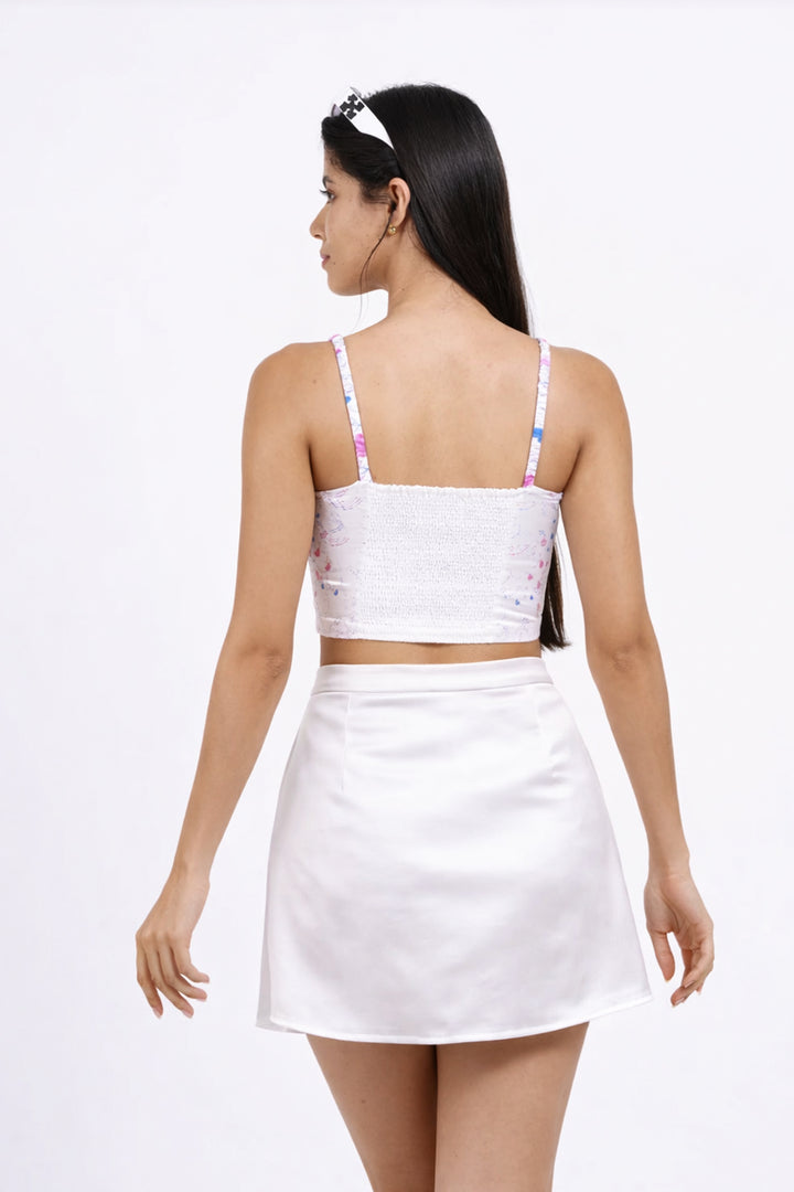 Satin Smocked Crop Top - White