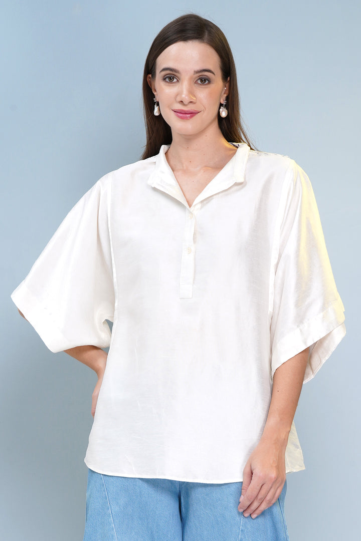Elegant Pearl White Chanderi Silk Smoked Top - Boxy Fit