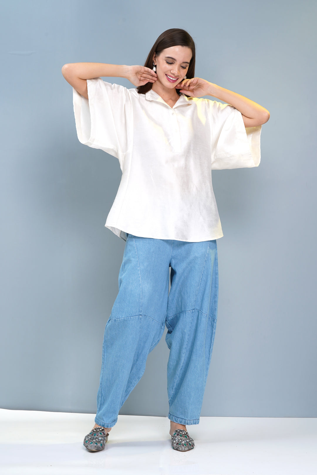 Elegant Pearl White Chanderi Silk Smoked Top - Boxy Fit