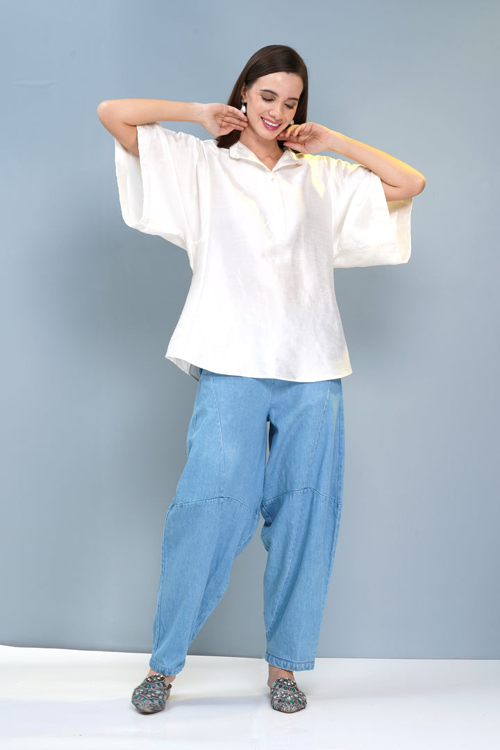 Elegant Pearl White Chanderi Silk Smoked Top - Boxy Fit