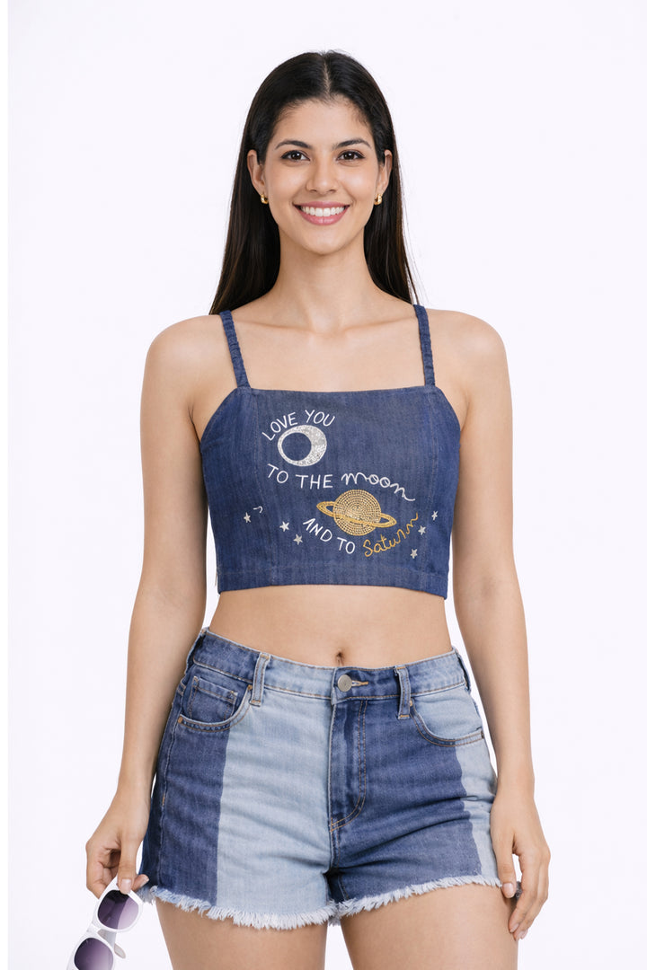 Denim Smocked Crop Top