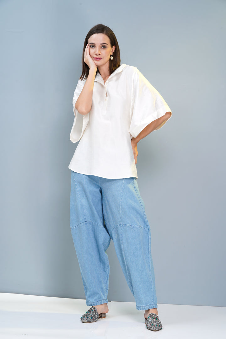 Elegant Pearl White Chanderi Silk Smoked Top - Boxy Fit