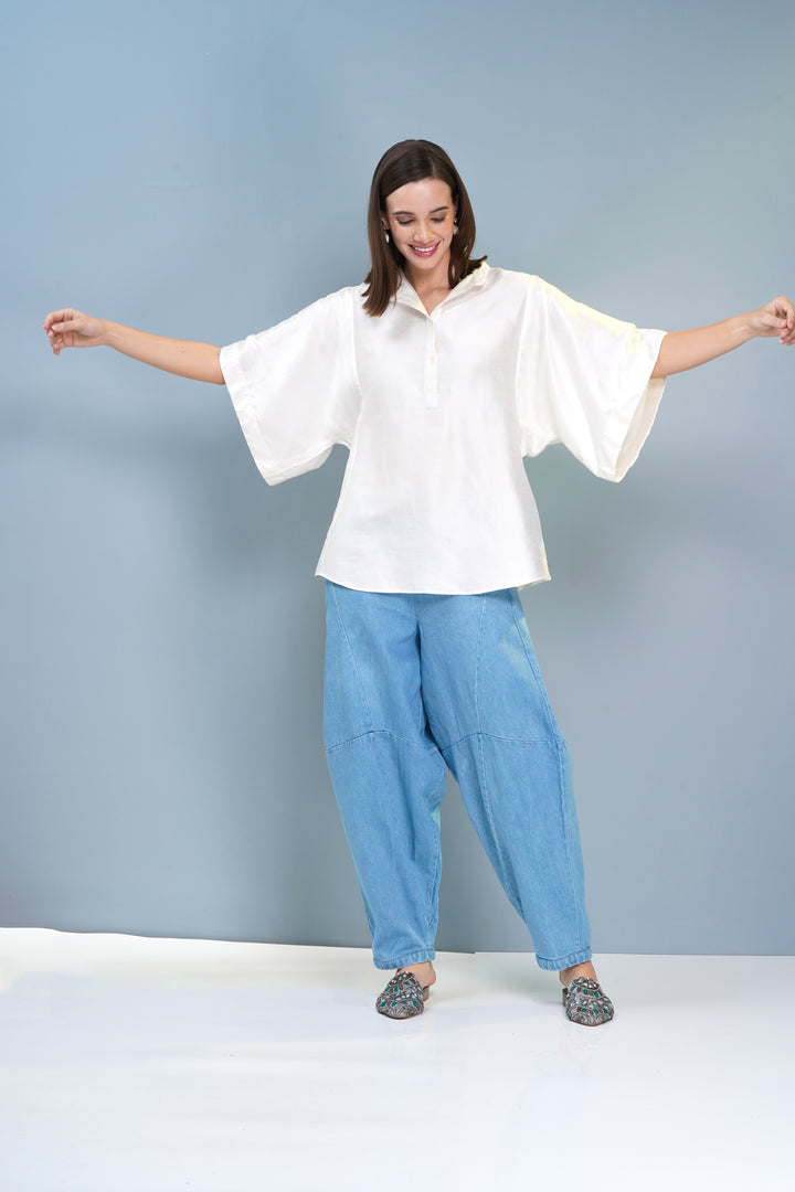 Elegant Pearl White Chanderi Silk Smoked Top - Boxy Fit