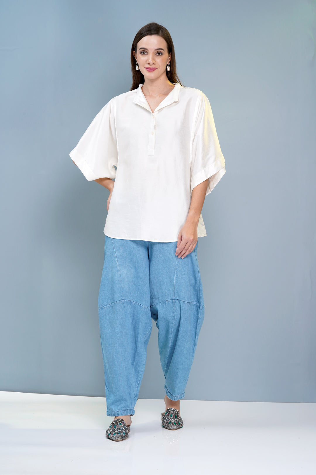 Elegant Pearl White Chanderi Silk Smoked Top - Boxy Fit