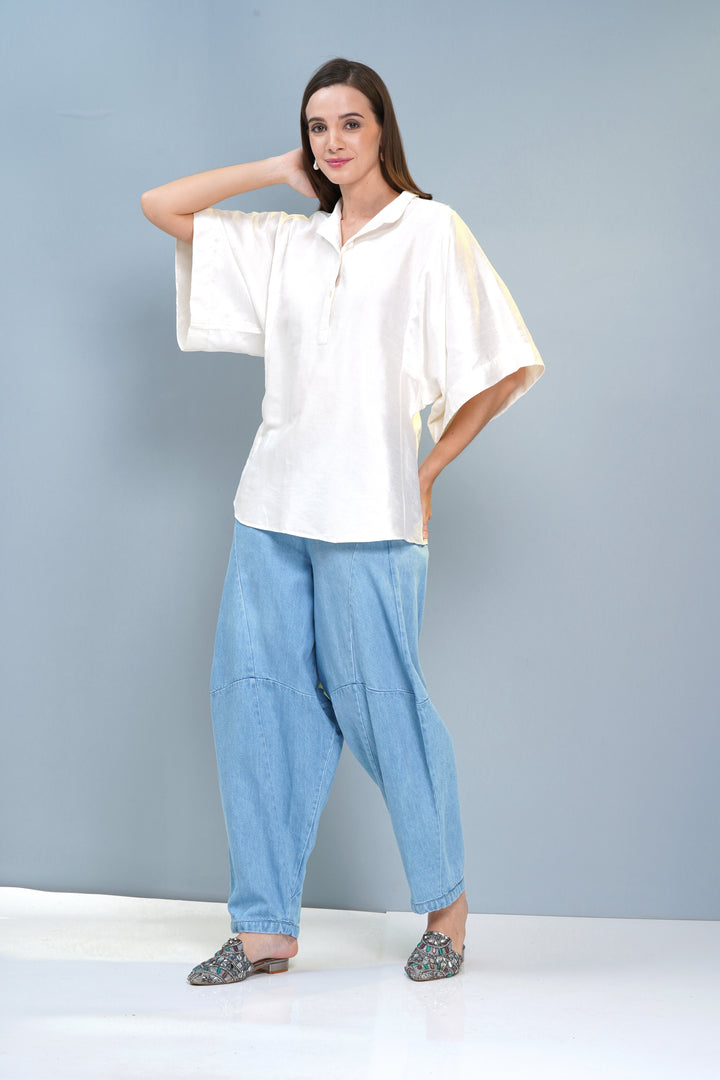 Elegant Pearl White Chanderi Silk Smoked Top - Boxy Fit