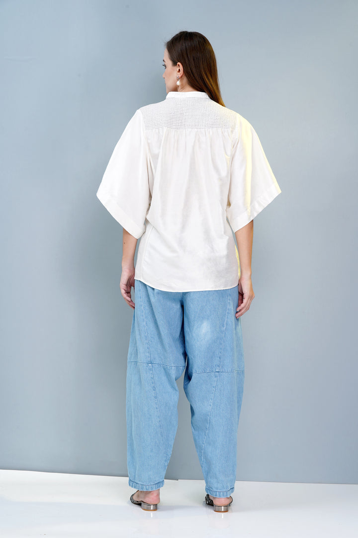 Elegant Pearl White Chanderi Silk Smoked Top - Boxy Fit