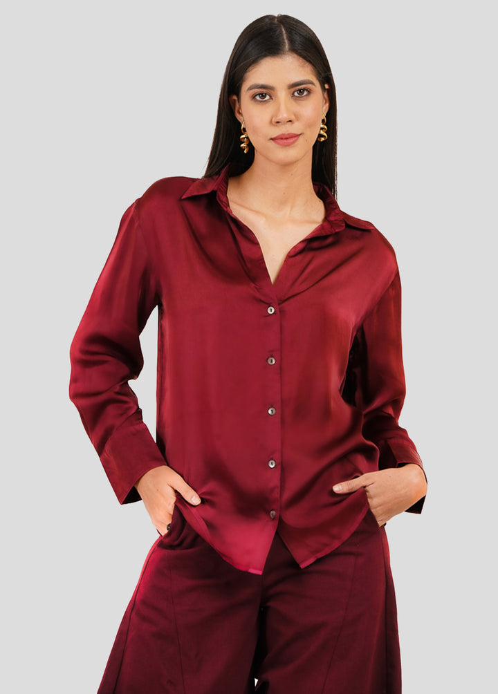 Silky Satin Shirt in Burgundy Color