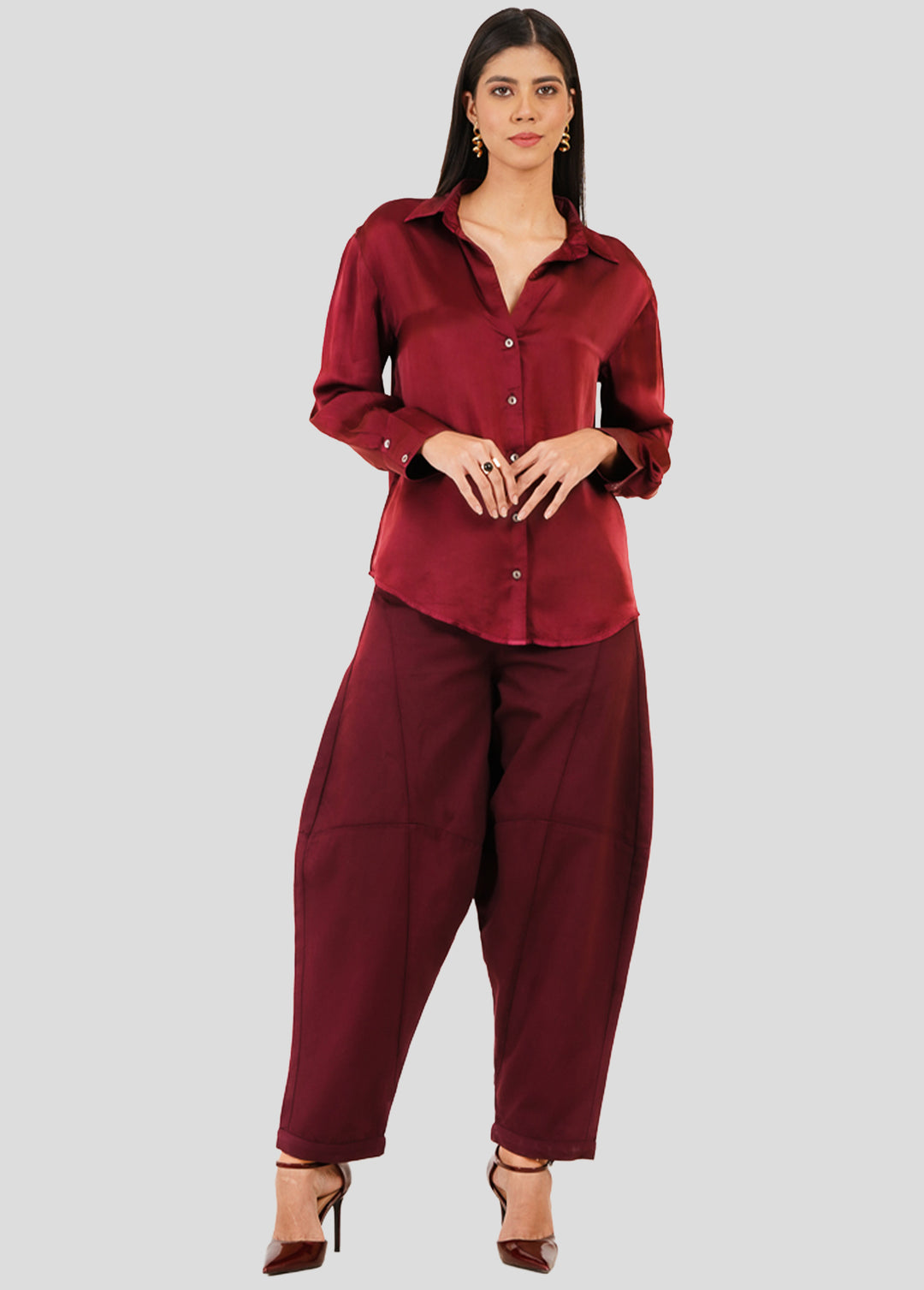 Silky Satin Shirt in Burgundy Color