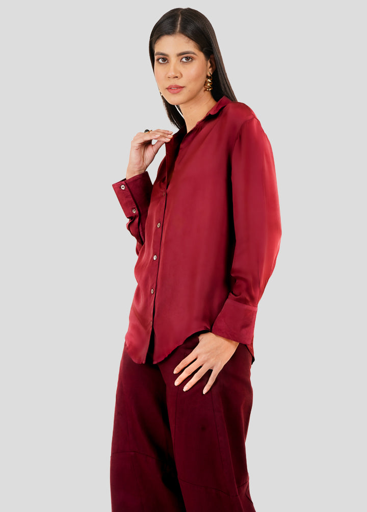 Silky Satin Shirt in Burgundy Color