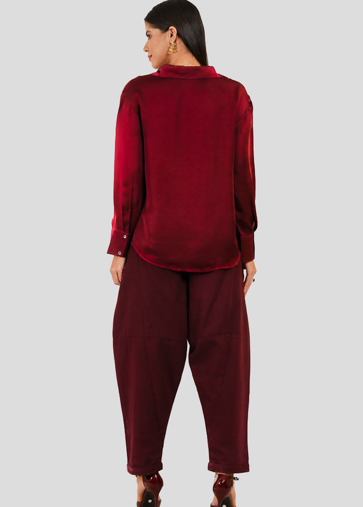 Silky Satin Shirt in Burgundy Color